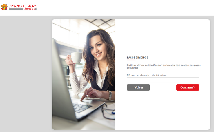 Portal de pagos: campo de número de referencia o identificación y botón Continuar