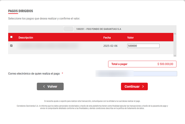 Pagos dirigidos: selección del pago, valor, total a pagar y correo electrónico