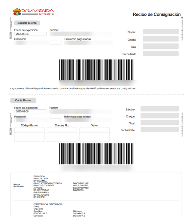 Ejemplo del recibo de consignación con el código de barras y la referencia de pago manual